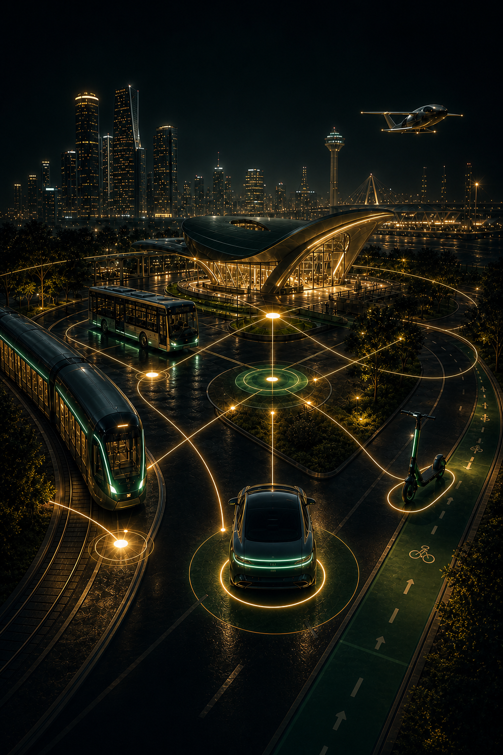Futuristic Golden Bee multimodal mobility hub at night